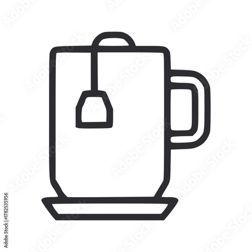 A simple line drawing of a mug on a saucer with a teabag inside