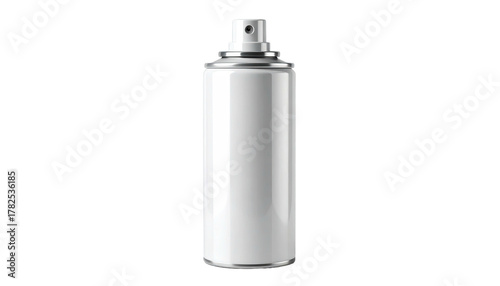 A white spray paint can against a black background. Simple studio shot of a common aerosol