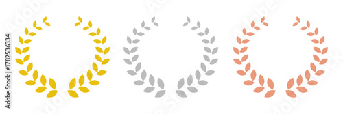 Laurel wreath of victory icon set, greek olive branch award winner round emblem. Heraldic trophy crest, laurel frame, circular laurels branches emblem.