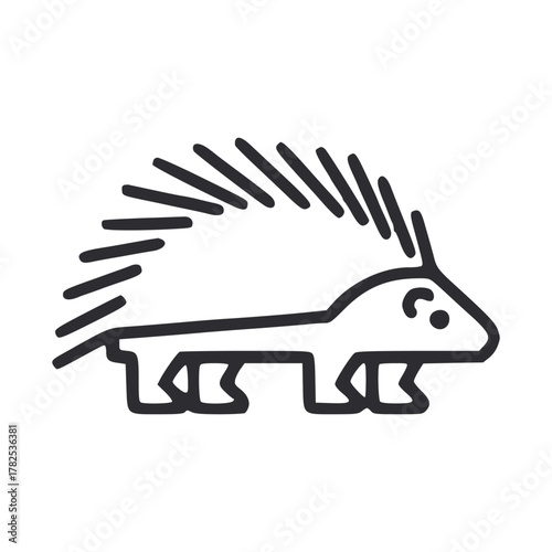 A simplified line drawing of a porcupine with quills short legs and a face with a pointed snout