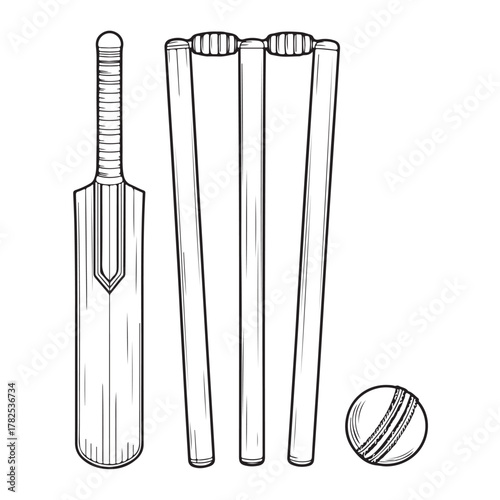 Cricket equipment including a bat, stumps, and ball