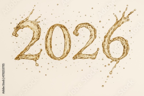 2026 in golden liquid splashes with bubbles—festive champagne vibe for New Year banners, greetings, and ads.