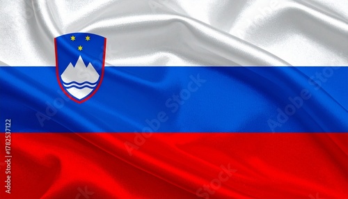 Free Download Slovenian national flag with coat of arms and wavy fabric texture in high resolution. - GFXLoad