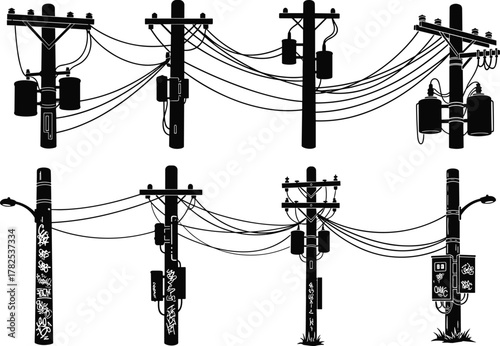 Flat vector illustration of six utility pole silhouettes with transformers, wires, streetlights, floral decorations, black and white infrastructure design