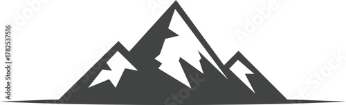 A minimalist grayscale mountain range silhouette with three peaks, including a snow-capped central summit, perfect for logos, icons, or backgrounds representing nature, adventure, travel, hiking etc.