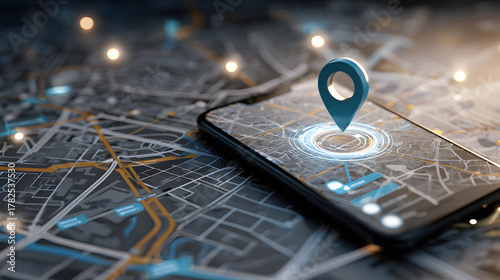 Concept of geofencing, featuring a digital map with virtual boundaries, a location pin, and a mobile device showcasing a geofencing app. Generative AI