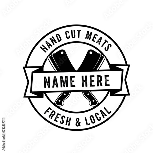 Butcher Shop Logo with Crossed Cleavers and Text.