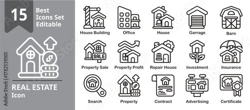 Real Estate icon set. Contains houses, apartments, offices, contracts, agents, and building. Outline Icon Collection. Editable stroke. Vector illustration