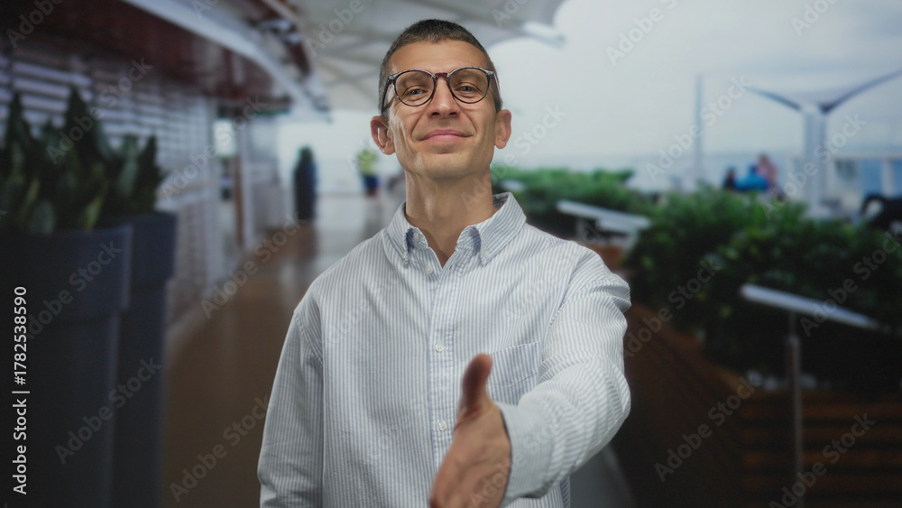 Naklejka premium Man extending hand in casual shirt standing outdoors with blurred walkway in background conveying friendliness and welcome in daytime setting.