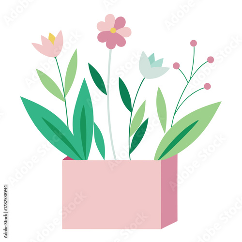 Spring Flowers and Leaves in Pink Box Vector Illustration. Seasonal Nature Clipart Design.eps