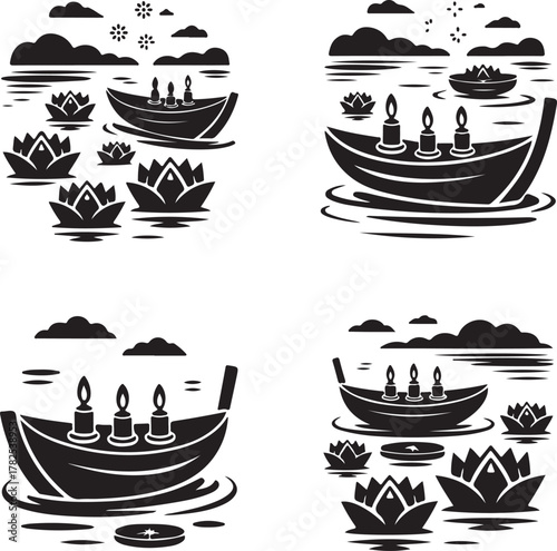Loy krathong festival silhouette icons for thai celebrations