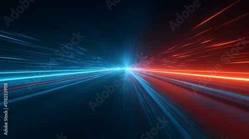 Dynamic light trails in opposing cool and warm colors streak across a dark, abstract space.
