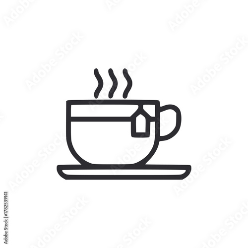 Black line art tea cup saucer tag steaming