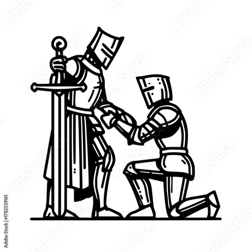 Two knights in armor one kneeling before the other with a sword in a black and white illustration