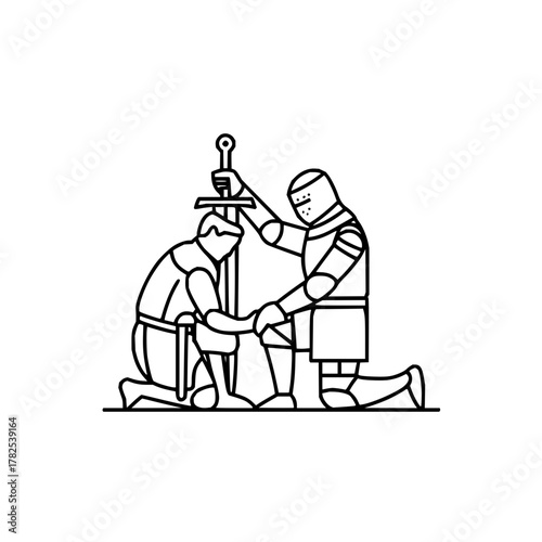 A knight bestowing knighthood on a kneeling man with a sword in a minimalist line drawing style