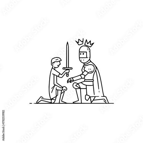 A man kneeling and presenting a sword to a knight with a crown on his helmet in line art style