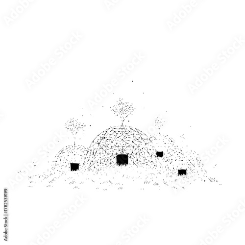 A black and white sketch of several dome shaped structures with trees and grass in the foreground area