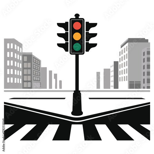 Traffic light in the middle of a city street with buildings and crosswalk in black and white