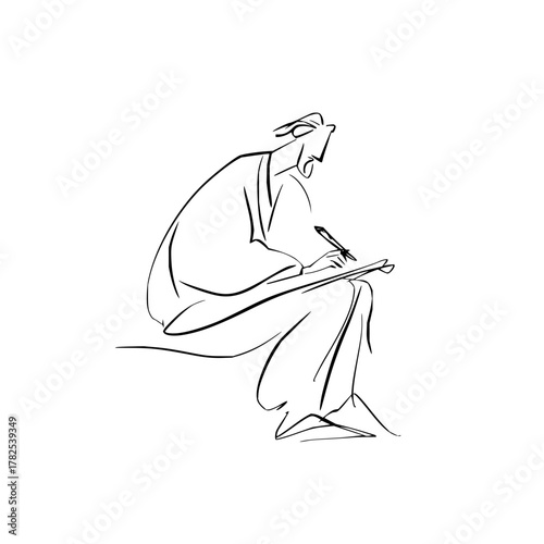 Vector minimalist line art depicting a seated figure writing or drawing on a pad with a pen in hand art svg