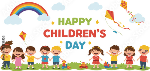 happy children’s day, kids celebration illustration, rainbow sky background, playful outfit sketch, festive scene template, childhood joy, event design, greeting card