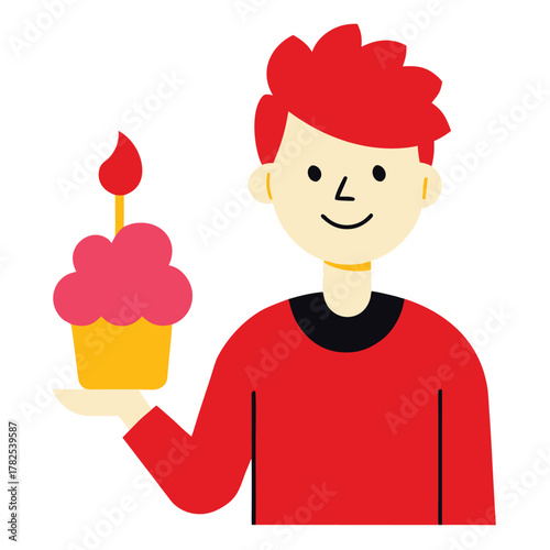 Red-Haired Man with Birthday Cupcake and Candle Vector Illustration.eps