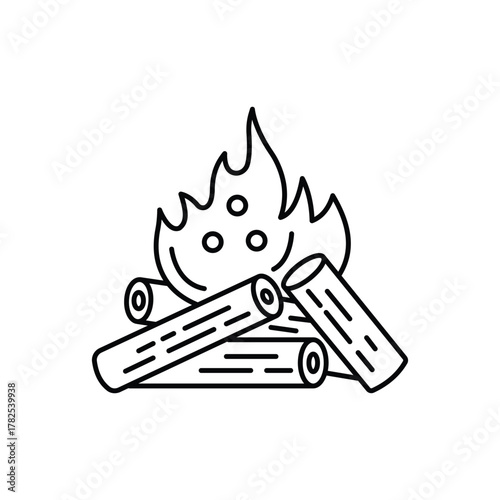 Campfire logs in a stacked triangular shape flames at top showing rings and splits in a monochrome line drawing