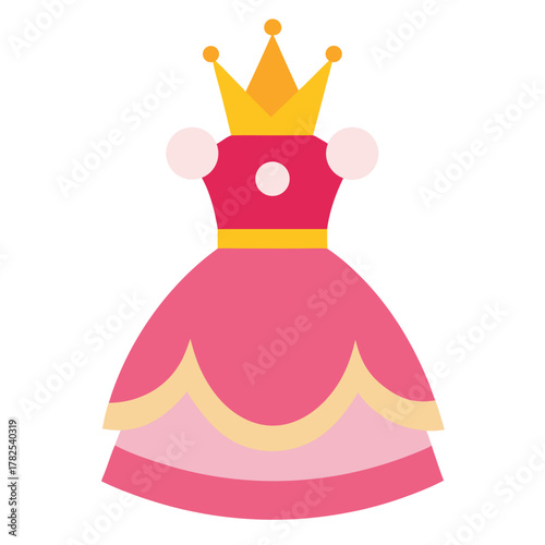 Pink Princess Dress and Gold Crown Vector Illustration. Cartoon, Clipart & Line Art Design.eps