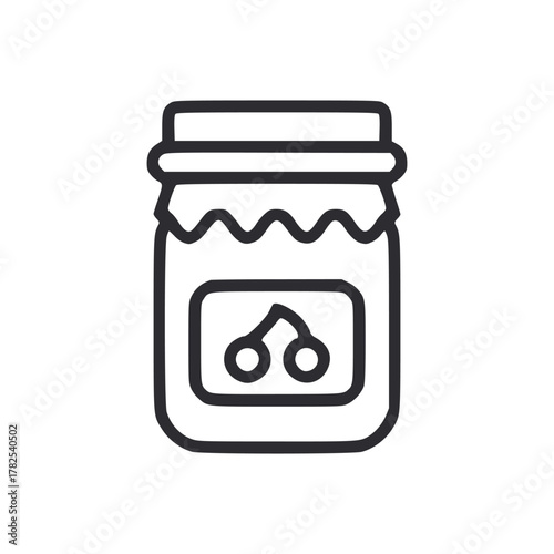 Line art depicts a jar with a label featuring cherries capped with a fabric cover and lid
