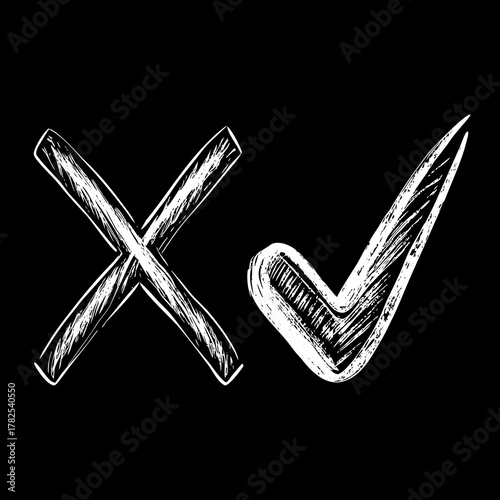 Hand Drawn Check Mark and Cross on Black Background