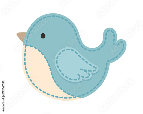 Cute blue felt bird with stitched edges, pastel vector illustration in soft craft style, adorable handmade animal design for baby shower decor, nursery art or children’s scrapbook project