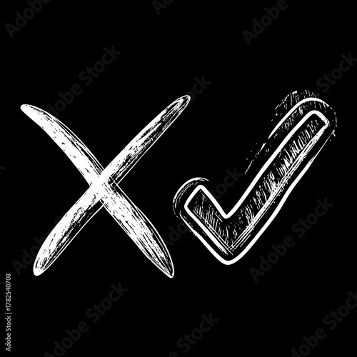 Hand Drawn Check Mark and Cross on Black Background