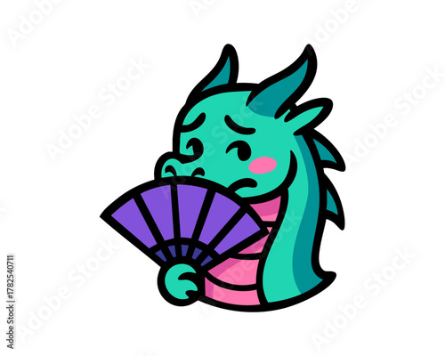 Cute turquoise dragon holding a purple fan, blushing cartoon character in pastel style, adorable vector illustration for kids design, fantasy mascot, fairytale art or Asian culture concept