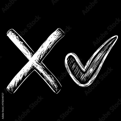 Hand Drawn Cross and Check Mark Symbols on Black tick