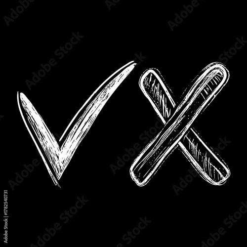 Hand Drawn Cross and Check Mark on Black Background
