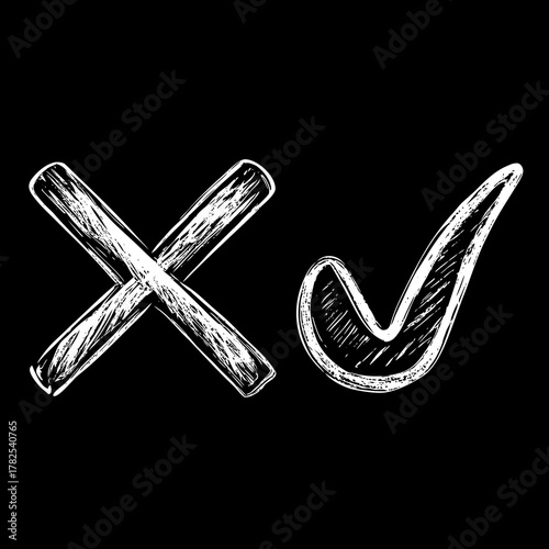 Hand Drawn Cross and Check Mark Symbols Side by Side Reversed