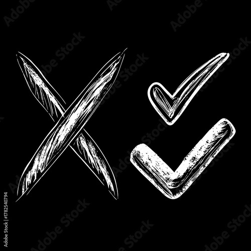 Hand Drawn Cross and Two Check Marks on Black Background