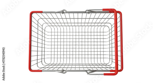 Empty metal shopping basket with red handles viewed from above on a black background