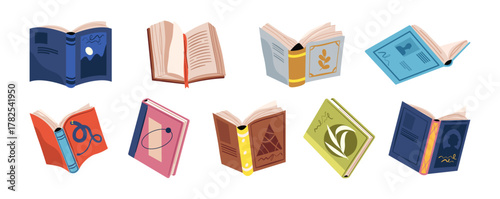 Book or publication for lessons and classes, university or college disciplines. Vector set of modern printed works. Obtaining knowledge and studying, isolated textbook with open pages