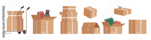 Cardboard boxes for packing and delivery of items and goods. Vector isolated closed and opened parcels collection with no logos or text, filled paper bags with tapes for moving out or transportation