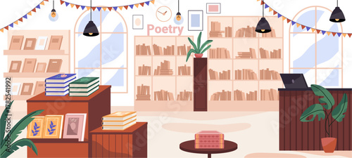 Modern bookstore interior with shelves full of books, posters and decorations. Vector comfortable reading environment with garlands and flowers. Education, literature and art. Culture and studying