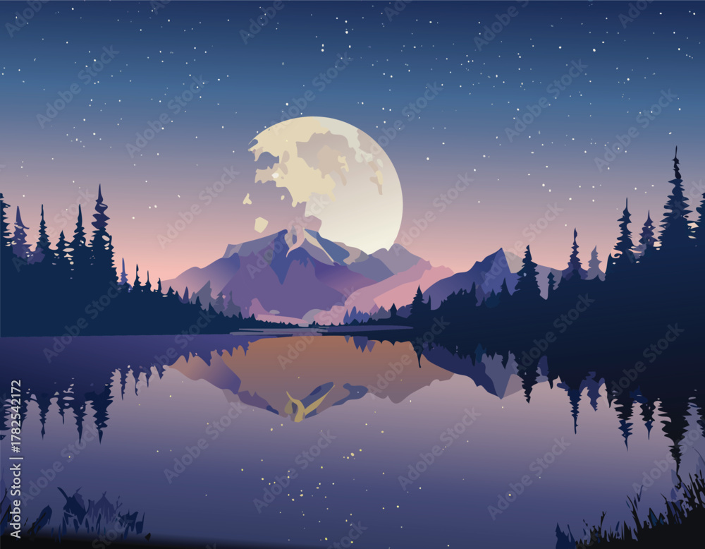 Fototapeta premium Full moon over mountain lake with forest and starry sky reflection