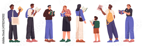 Group of people of different ages reading, choosing or discussing books. Vector male and female characters holding textbooks or publications. Curiosity and community learning. Literature and education