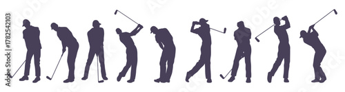 Silhouettes of professional golfers in action. Vector isolated players holding golf clubs. Shapes in dynamic swing movement. Sports, fitness and outdoor recreation. Technique and athletic motions