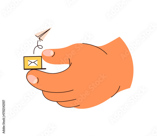 Hand holding gadget, sending letters and emails. Vector in flat style, isolated screen with paper plane. PC correspondence and communication. Giant arm with modern device, social media addiction
