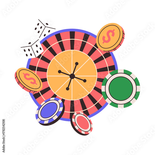 Casino roulette with poker chips, dice and golden dollar coin. Vector isolated wheel for playing games, betting and winning money. Vegas entertainment and fun, fortune and wealth victory