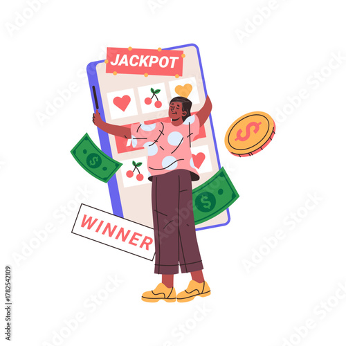Female character hugging fruit machine, isolated character won jackpot. Vector winner with video lottery terminal, flying cash dollar banknotes and coins. Taking risk in gambling, victory and success