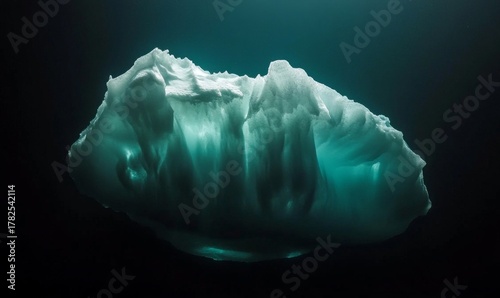 A large iceberg floating in dark waters with an illuminated underside revealing intricate textures and formations