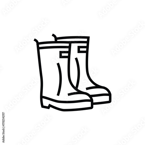 Two rubber boots shown with defined soles sides  top bands in a simple black outline