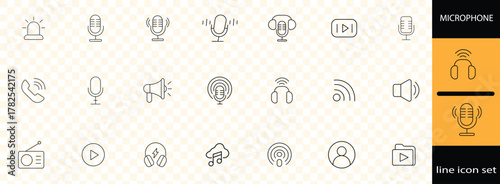 radio linear icon collection. Containing microphone, radio, webcast, broadcast, audio, channel, video