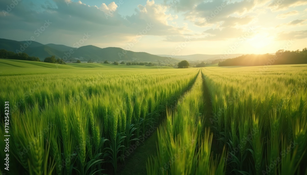 Obraz premium Green wheat field stretches toward horizon under warm sunlight. A path divides the crop leading to rolling hills and distant trees. Clear sky with light clouds.